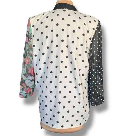 Vintage 90s Black Oversized Blazer Jacket Patchwork Polka Dot Floral Lace Collar - Picture 5 of 9
